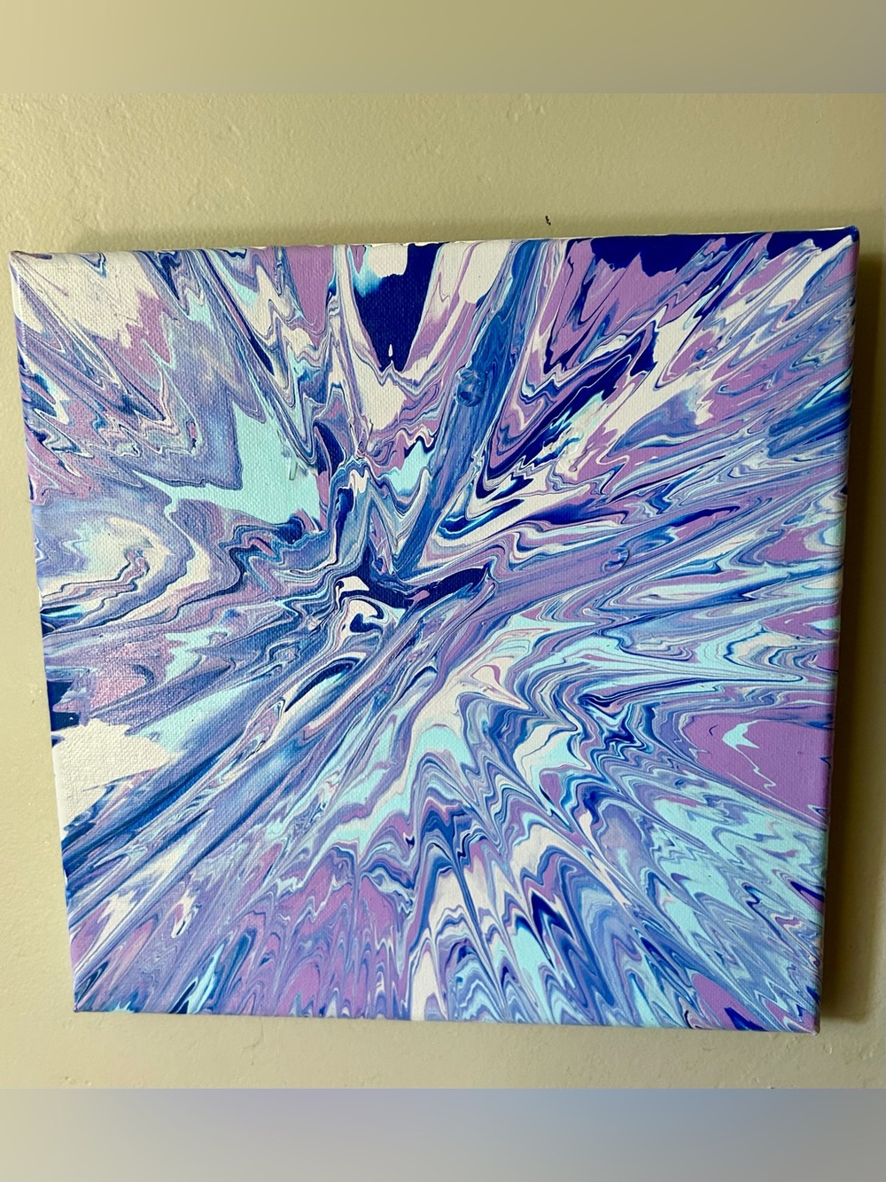 Original Fluid Art Canvas - Blue, Lavender, White “Crystal Lake” 10x10